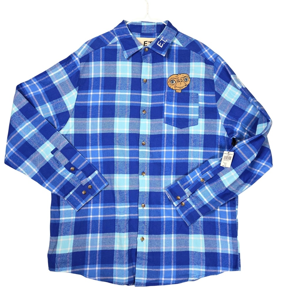 Cakeworthy x Universal E.T. Phone Home Plaid‎ Flannel Shirt Blue Mens XL NWT